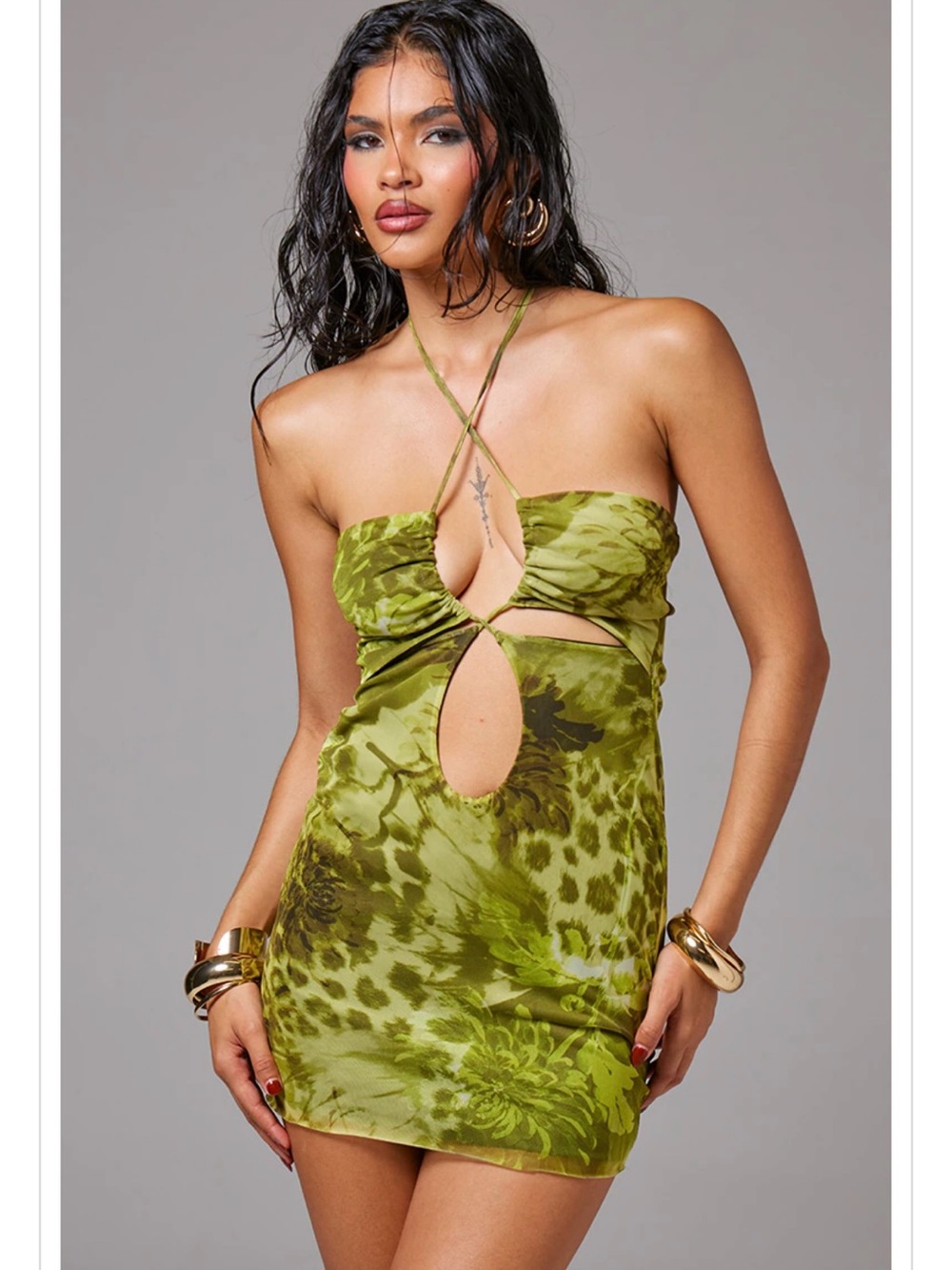 PrettyLittleThing Green Animal Print Cut Out Cross Over Mini Dress